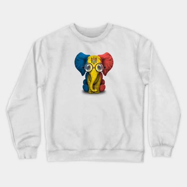 Baby Elephant with Glasses and Moldovan Flag Crewneck Sweatshirt by jeffbartels